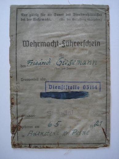 WW2 German Wehrmacht Driving Licence/permit Dated 1941